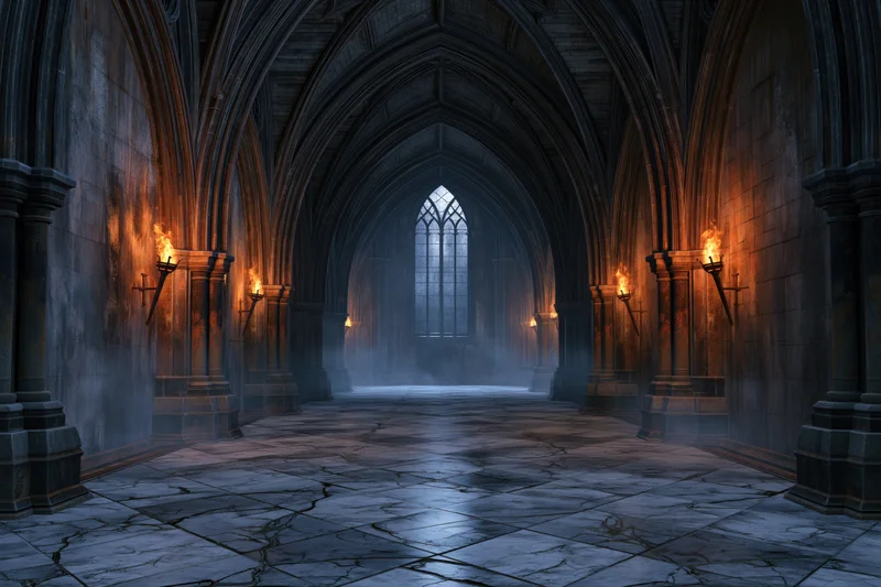 Gothic cathedral hall with vaulted stone arches and torches lining the corridor, misty interior