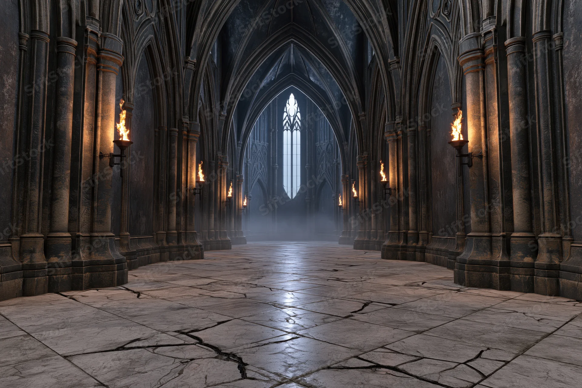 Long stone hall with vaulted arches and torches in a gothic cathedral interior