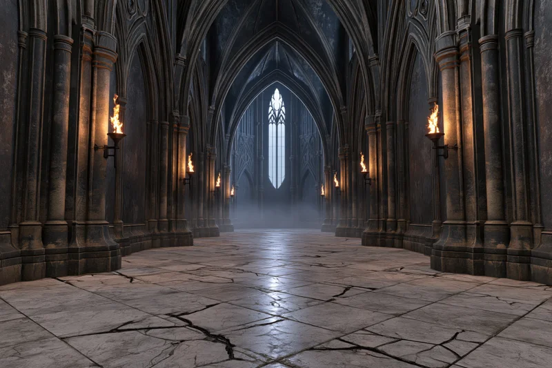 Long stone hall with vaulted arches and torches in a gothic cathedral interior