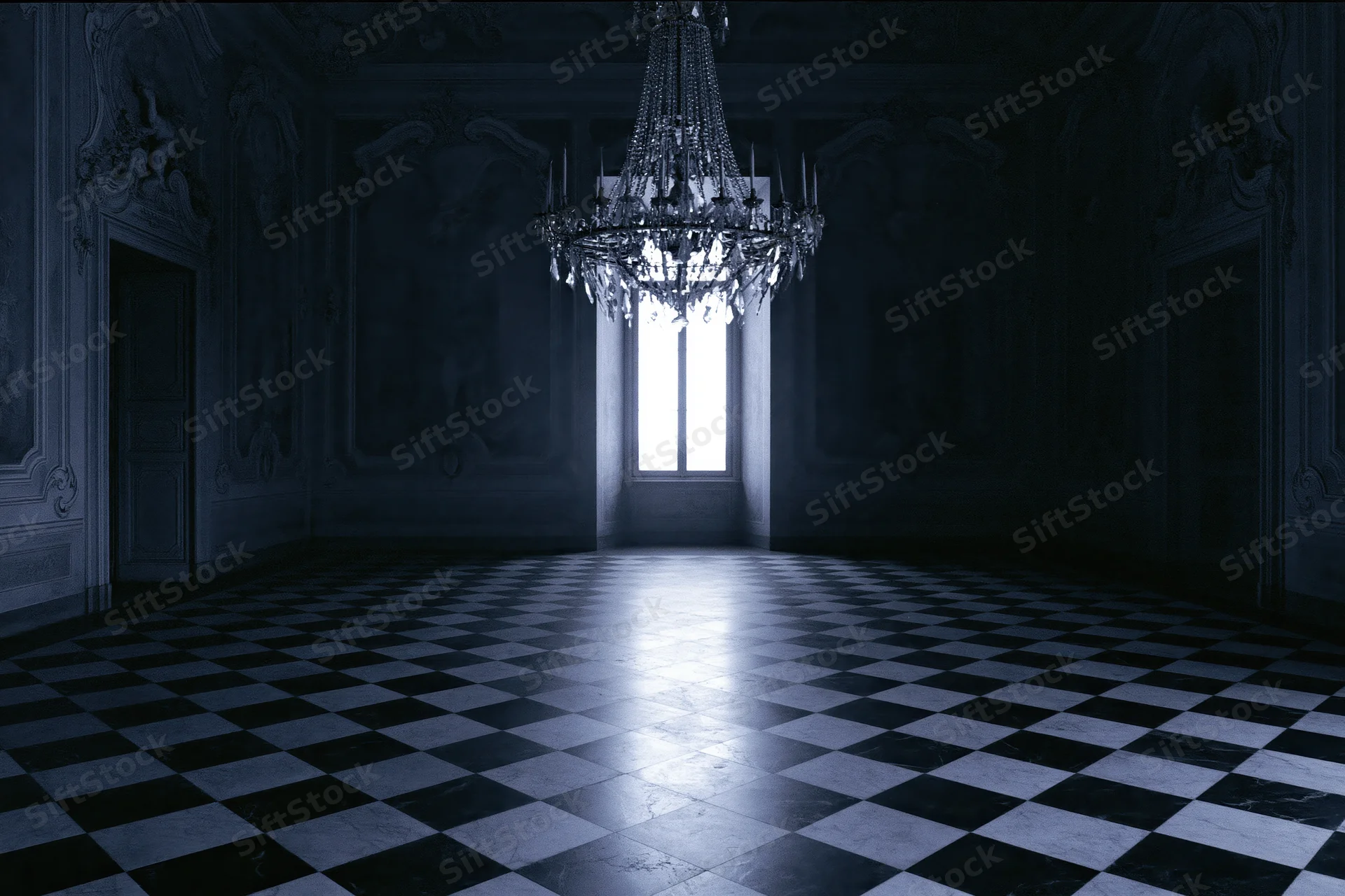 Empty baroque ballroom with ornate plaster moldings and checkered marble floor lit by a chandelier and window light