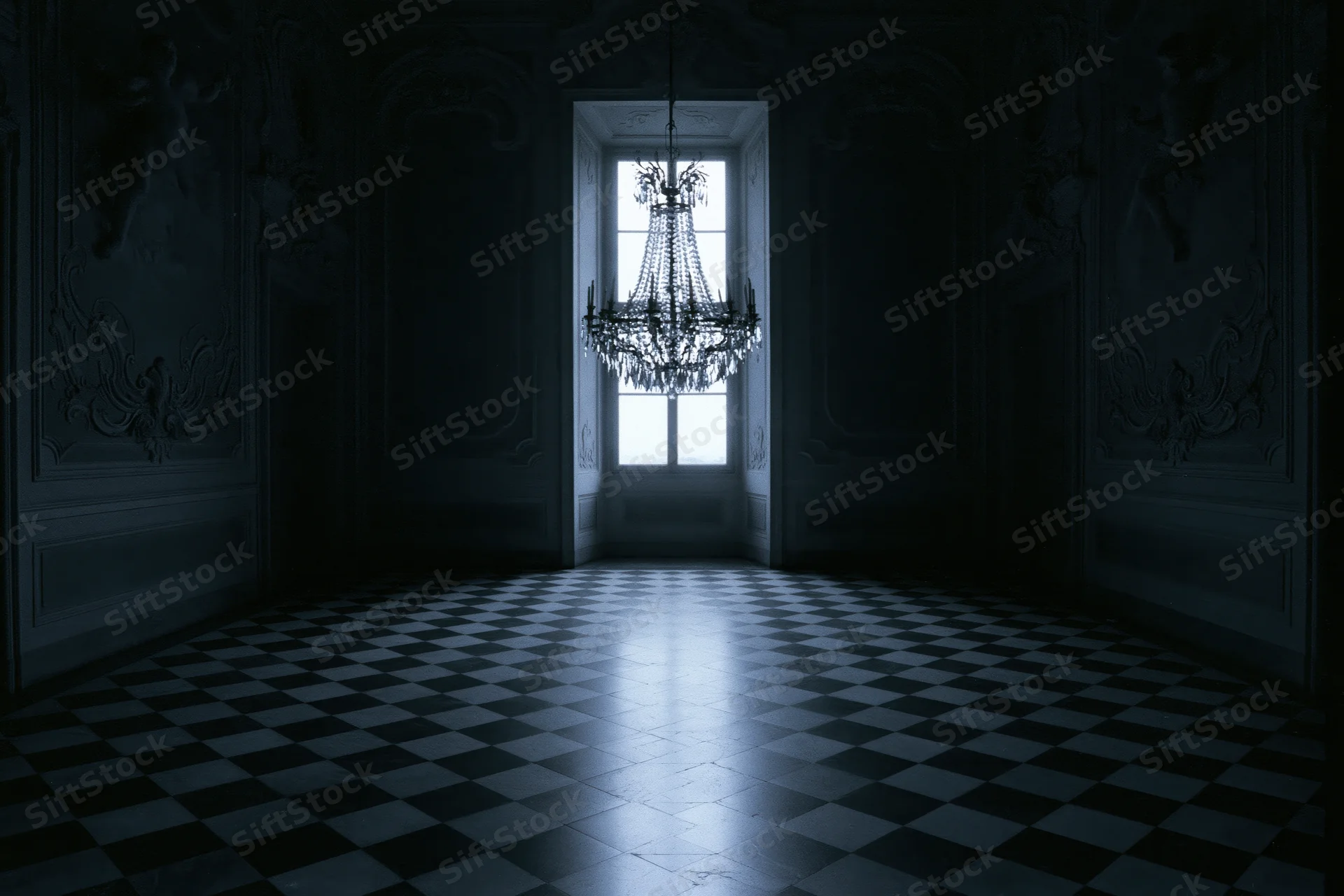 Empty baroque ballroom interior with ornate plaster moldings and checkered floor, light entering through doorway window