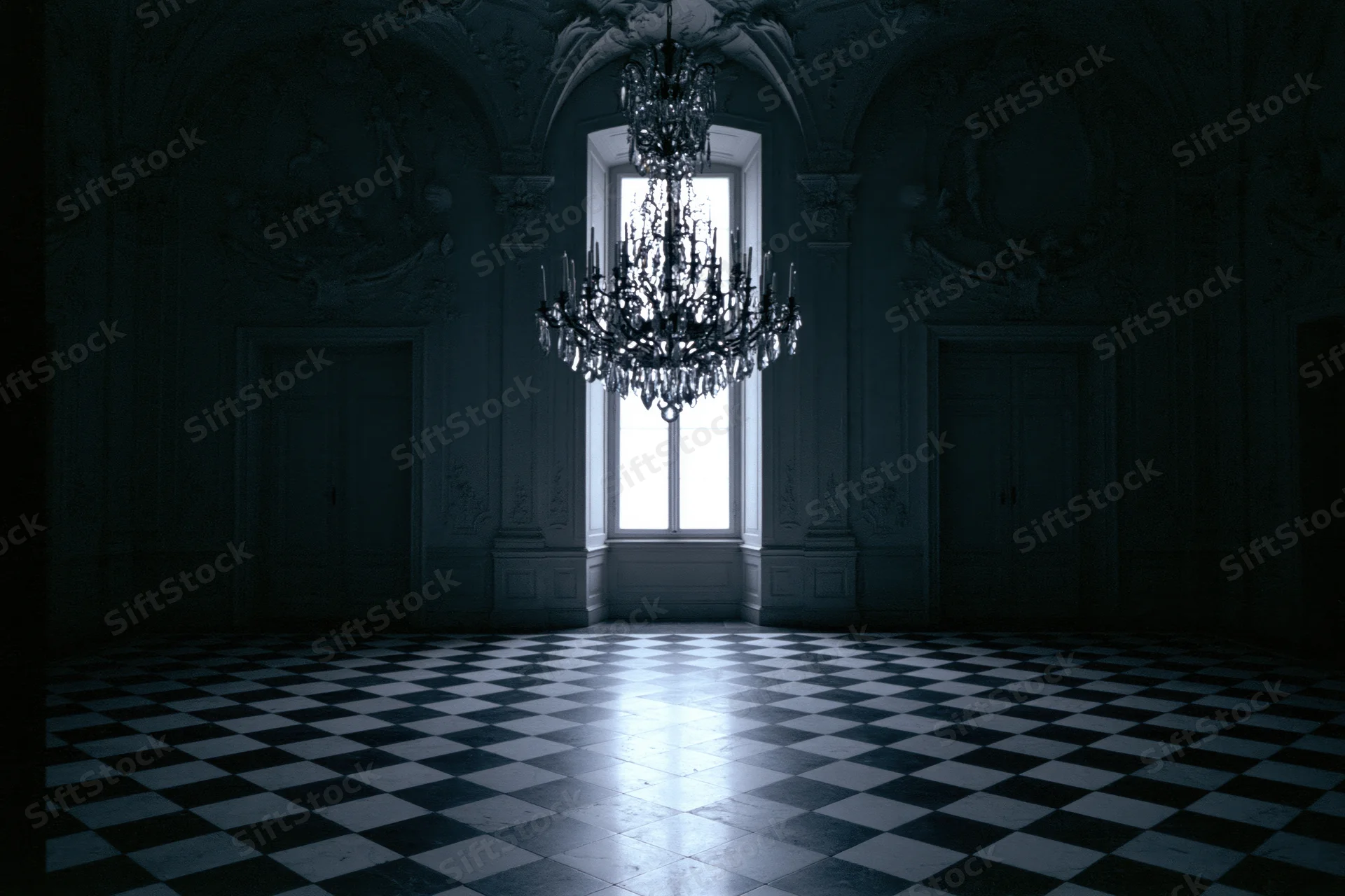 Empty baroque ballroom with ornate plaster moldings and checkered floor lit by a window and chandelier