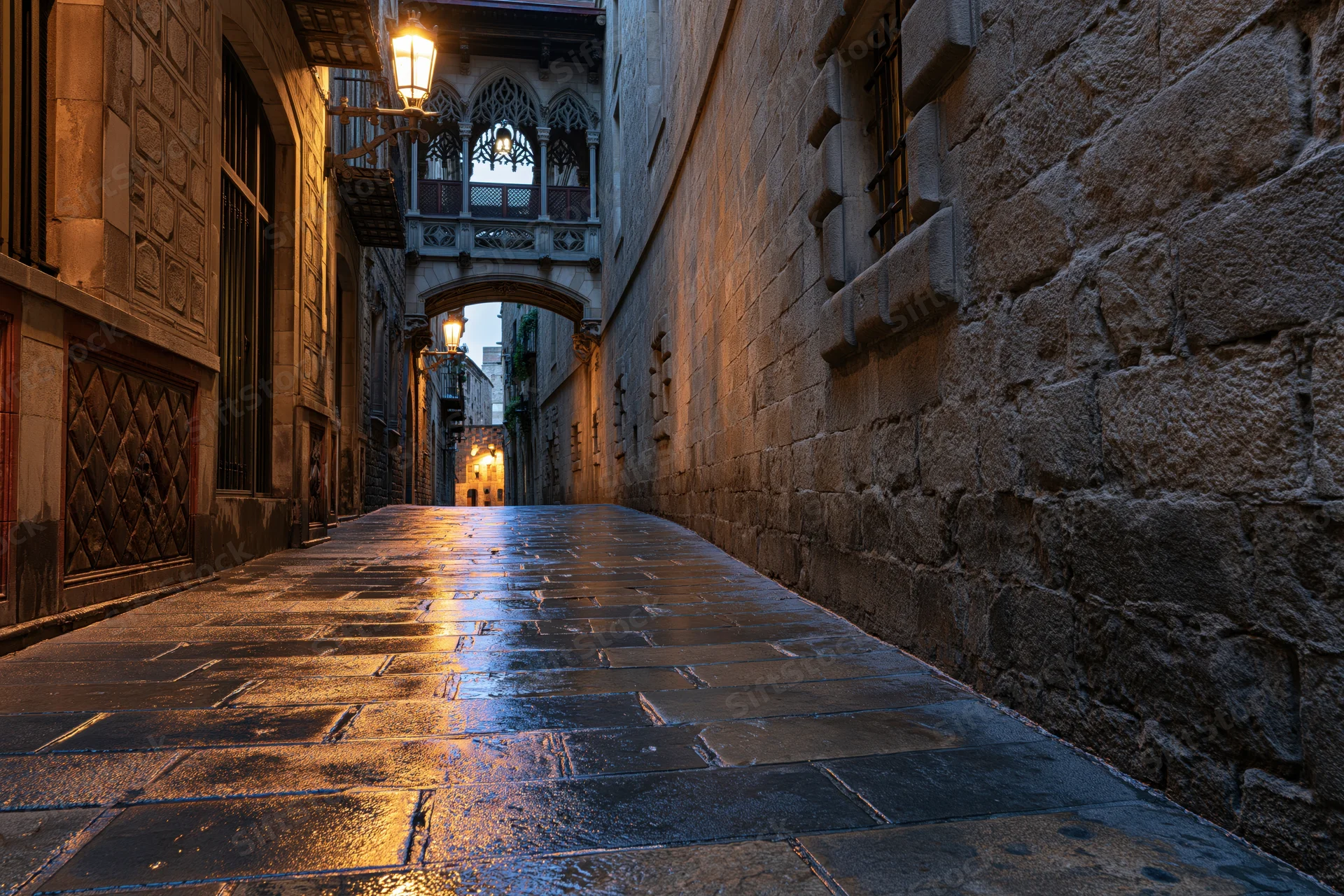 Wet stone alleyway at dusk with glowing lanterns and gothic archway