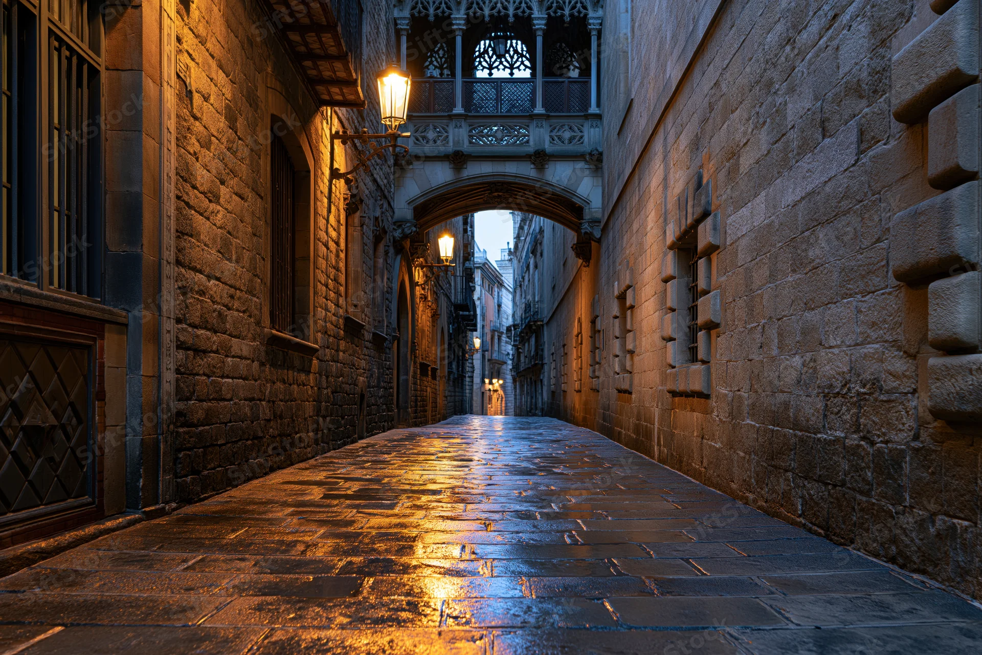 Narrow medieval stone alleyway with wet cobblestones and glowing lanterns at dusk