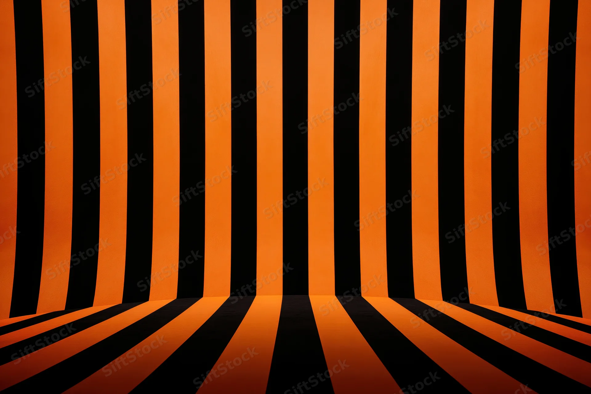 Orange and black striped backdrop curving into infinity in a studio corner