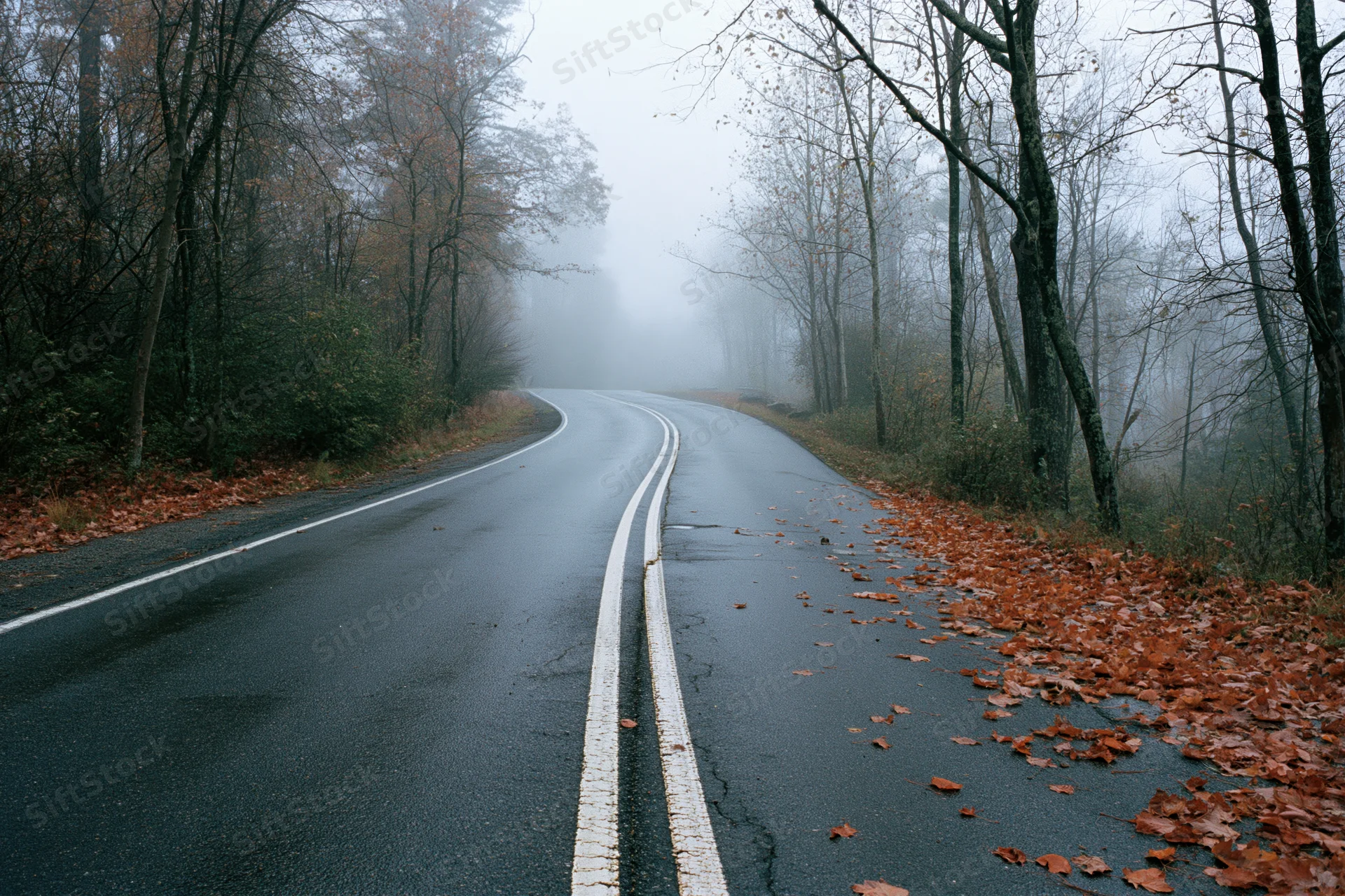 Winding two-lane road curving into dense fog through autumn forest with fallen leaves on wet asphalt