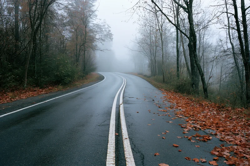Winding two-lane road curving into dense fog through autumn forest with fallen leaves on wet asphalt