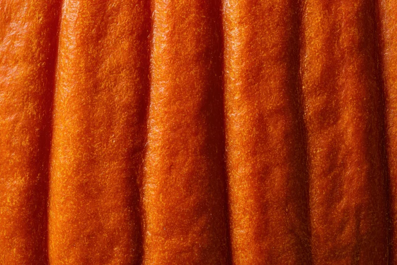 Close-up of pumpkin skin surface showing ridged texture and orange color