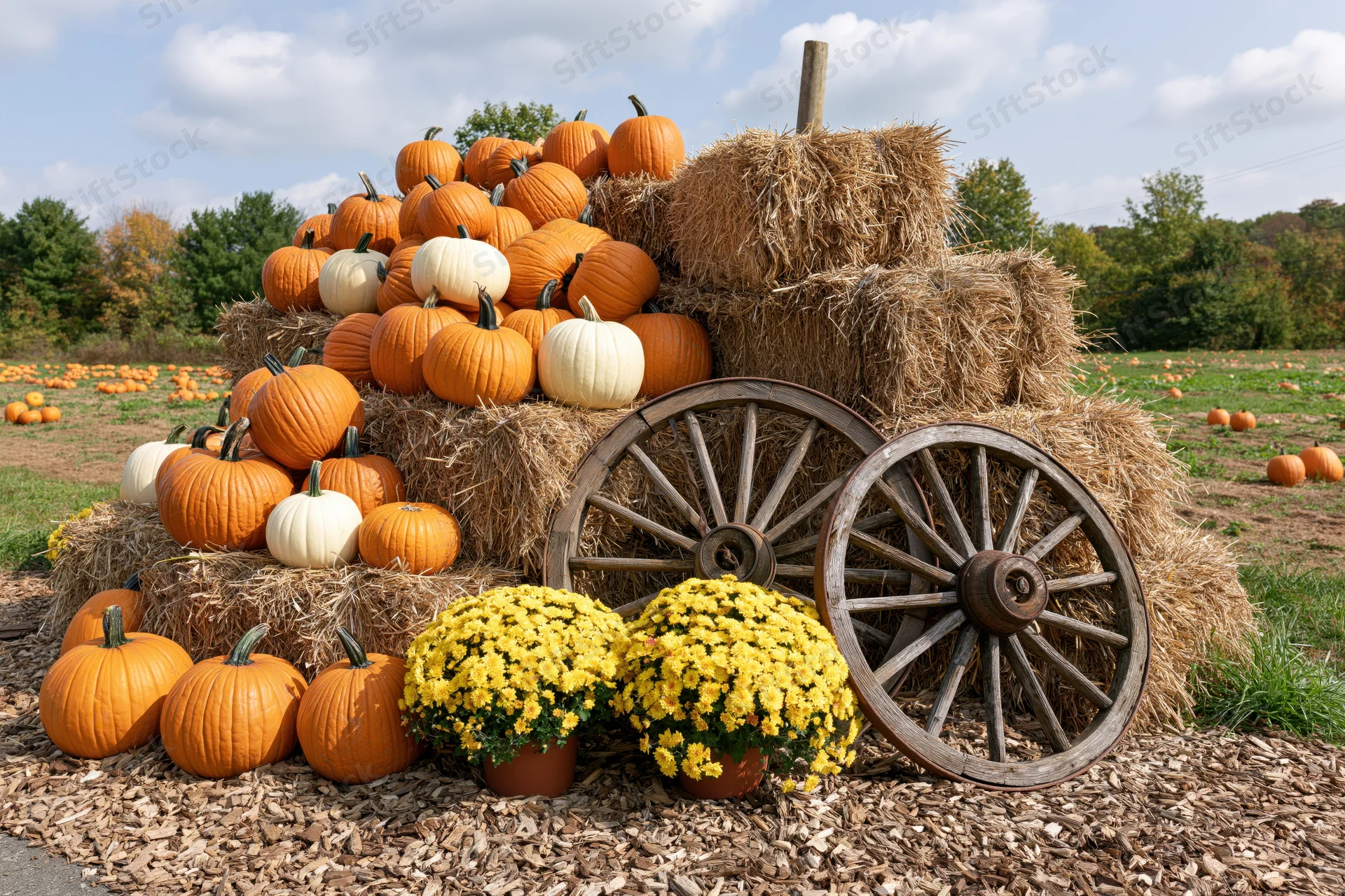 Pumpkins and hay bales stacked with wagon wheels and yellow flowers at a farm stand