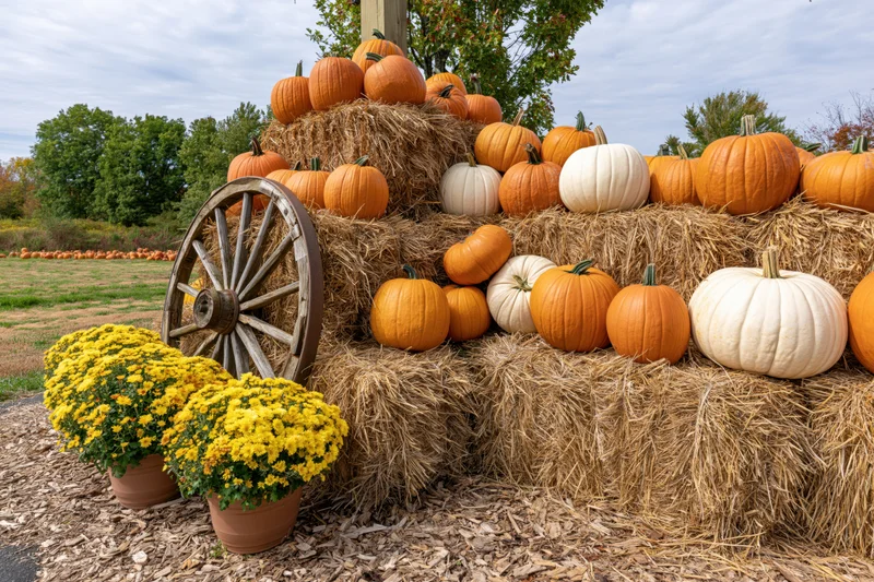 Pumpkins and hay bales arranged in a fall harvest display at a farm stand with potted chrysanthemums and a wooden wagon wheel