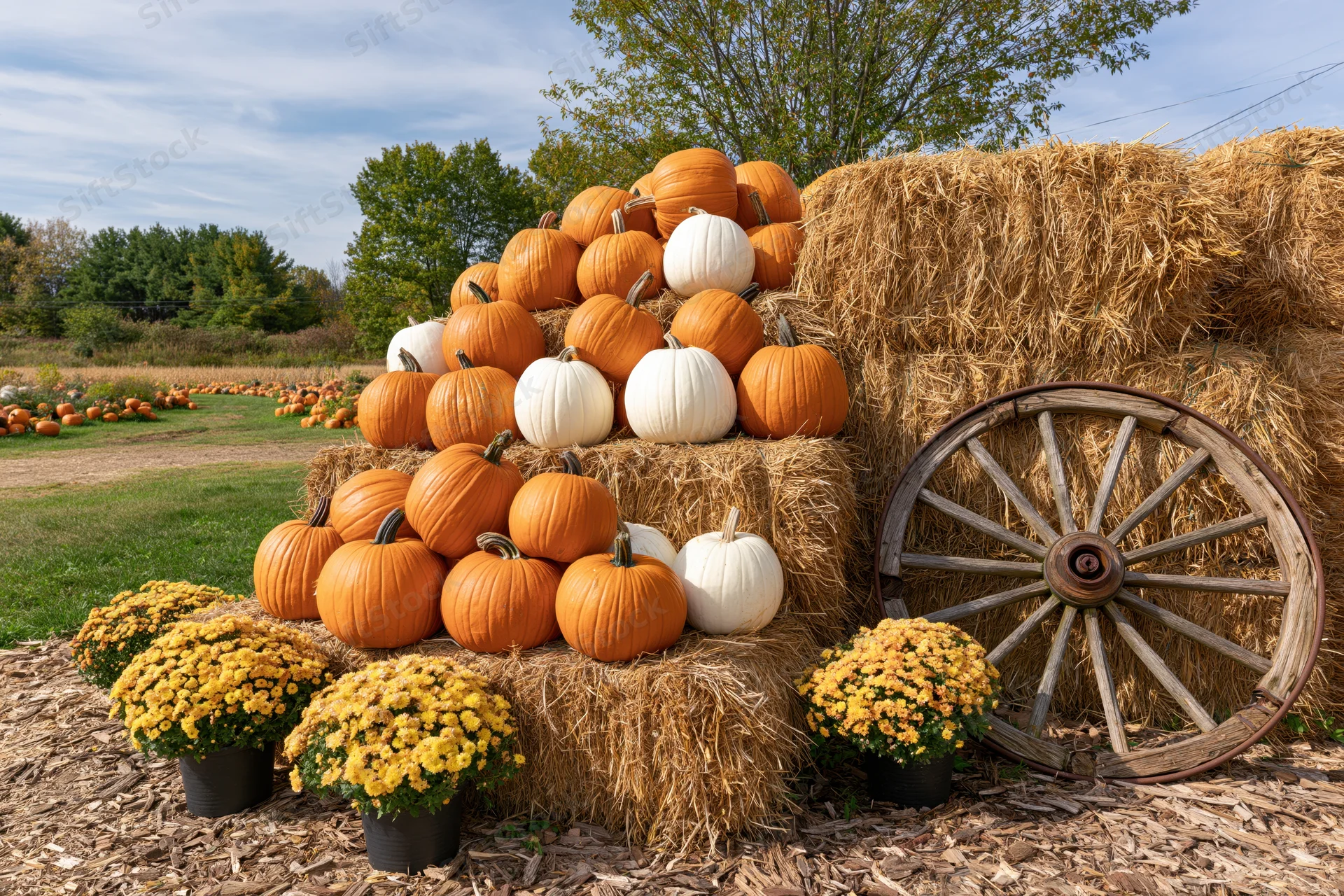 Pumpkins stacked on hay bales with flowers and wagon wheel at a farm stand