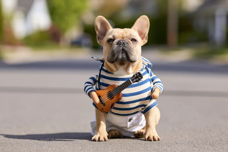 Fawn french bulldog sitting upright on suburban street wearing striped shirt and white pants holding ukulele