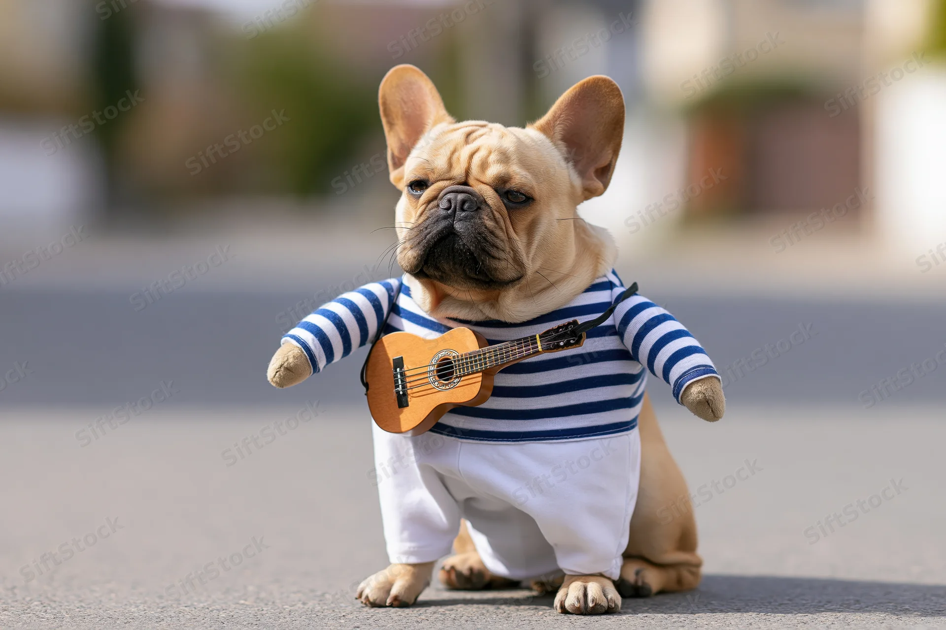 Fawn french bulldog sitting upright on suburban street wearing striped shirt and white pants holding ukulele