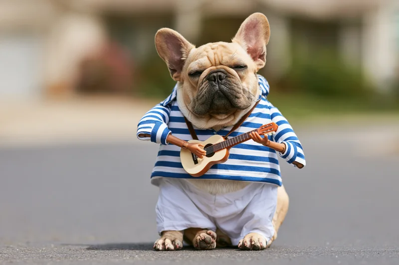 Fawn french bulldog sitting upright on suburban street playing miniature guitar while wearing striped shirt and white pants