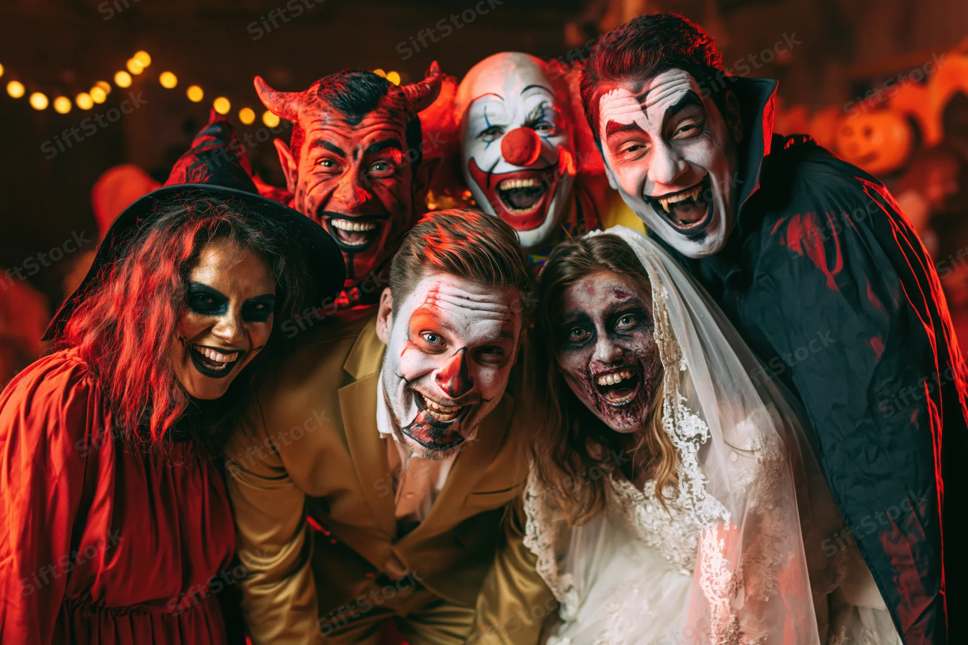 Five adults in halloween costumes posing together indoors with string lights and decorations