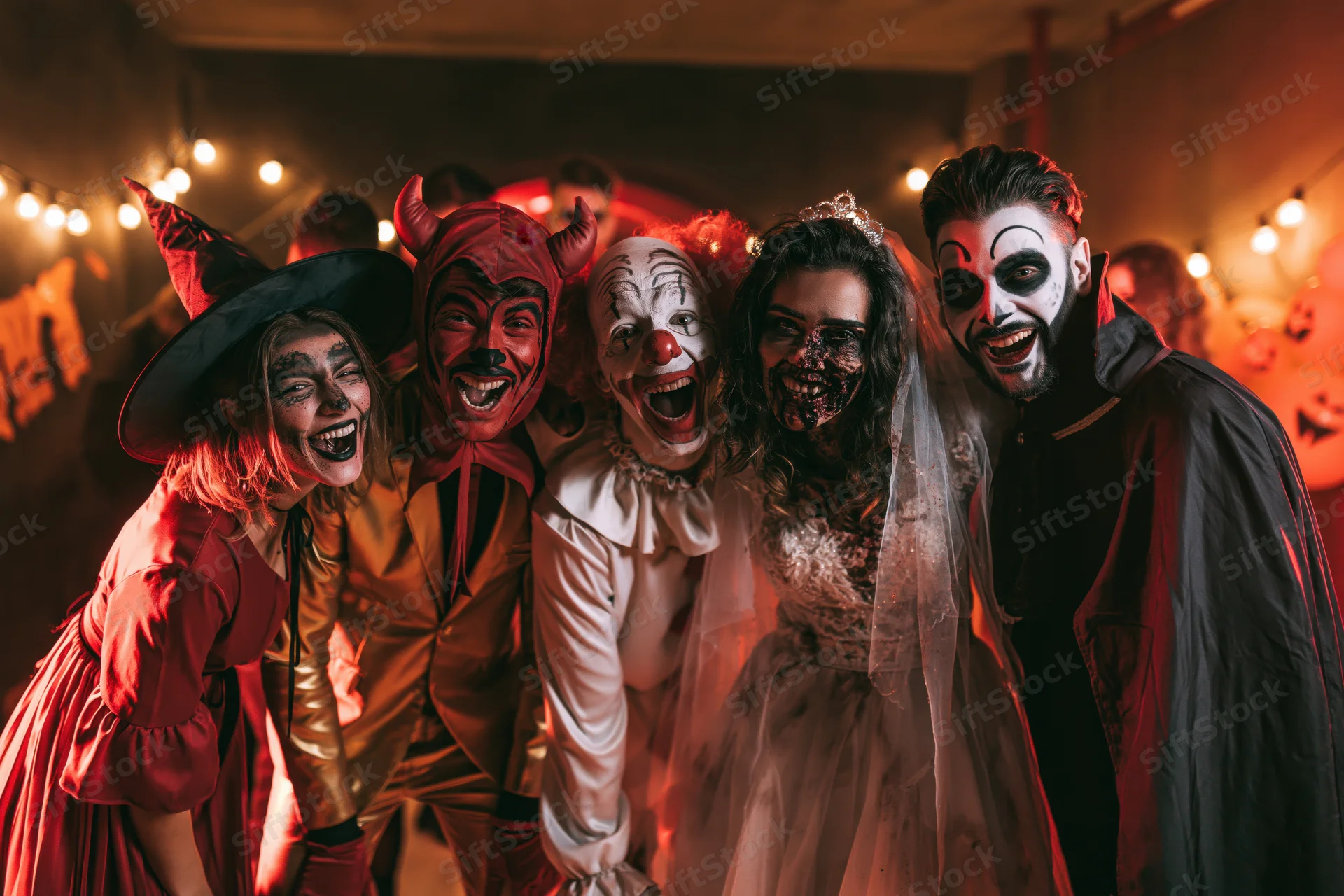 Five adults in halloween costumes posing together indoors at a party