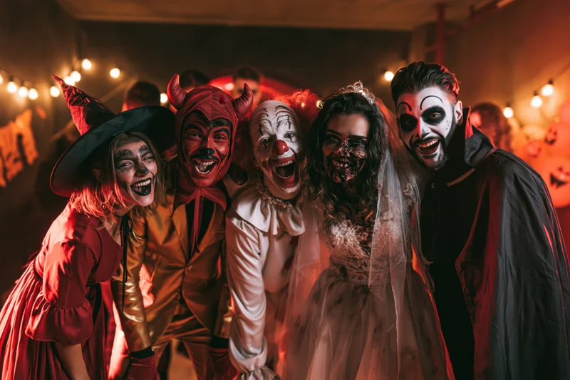 Five adults in halloween costumes posing together indoors at a party
