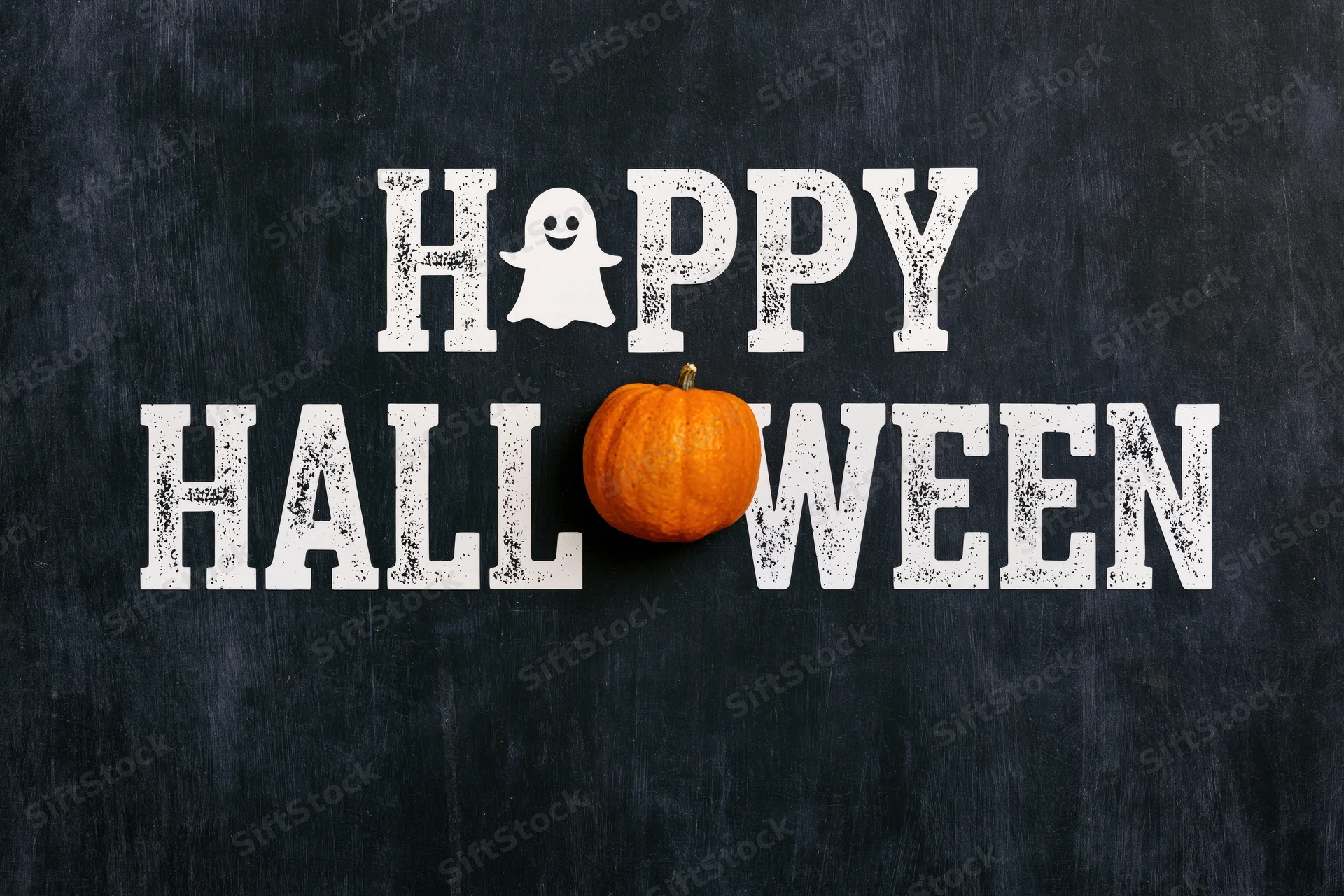 Flat lay halloween greeting card design with happy halloween text and pumpkin on black surface