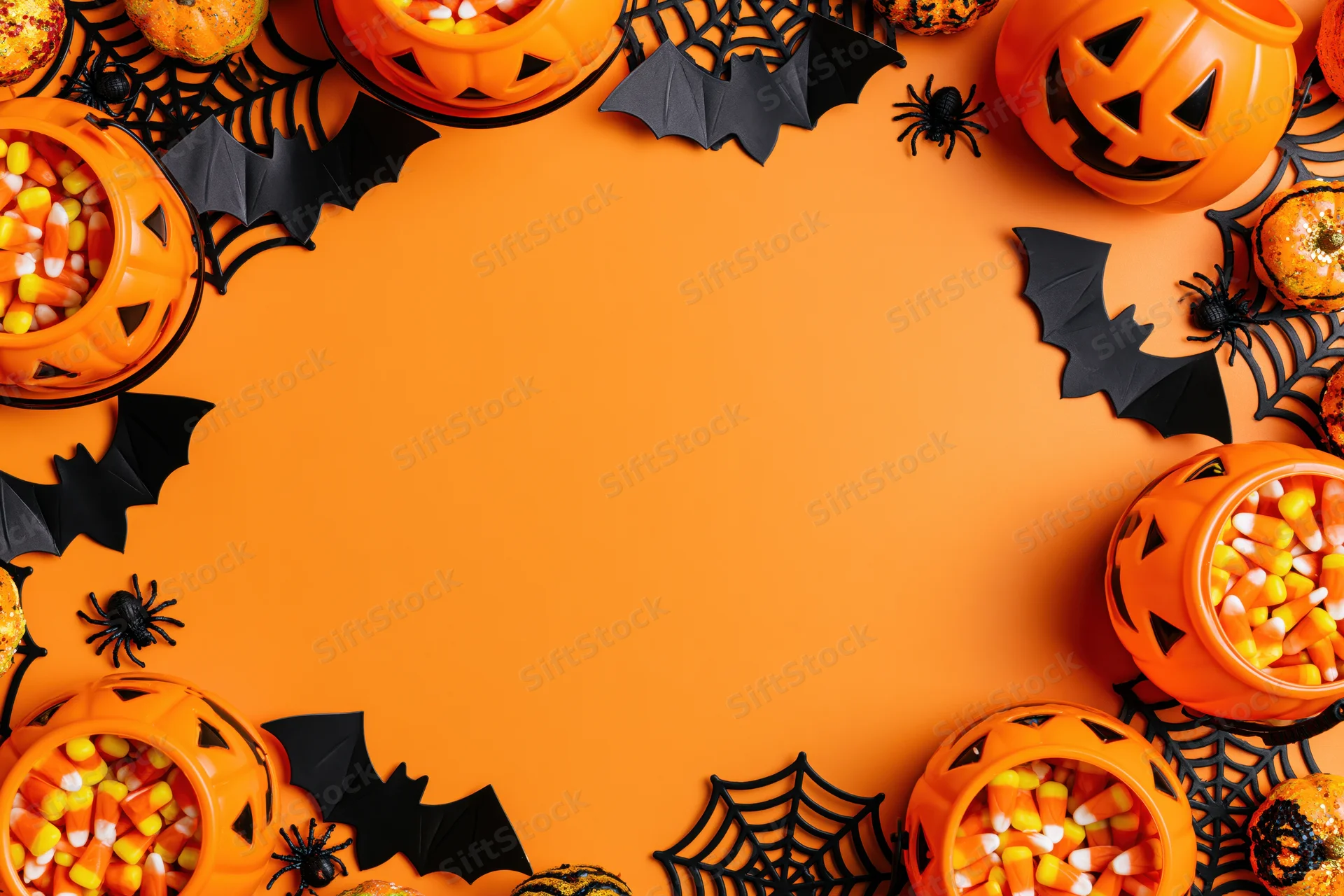 Halloween decorations and candy arranged in a circular frame on orange background with copyspace