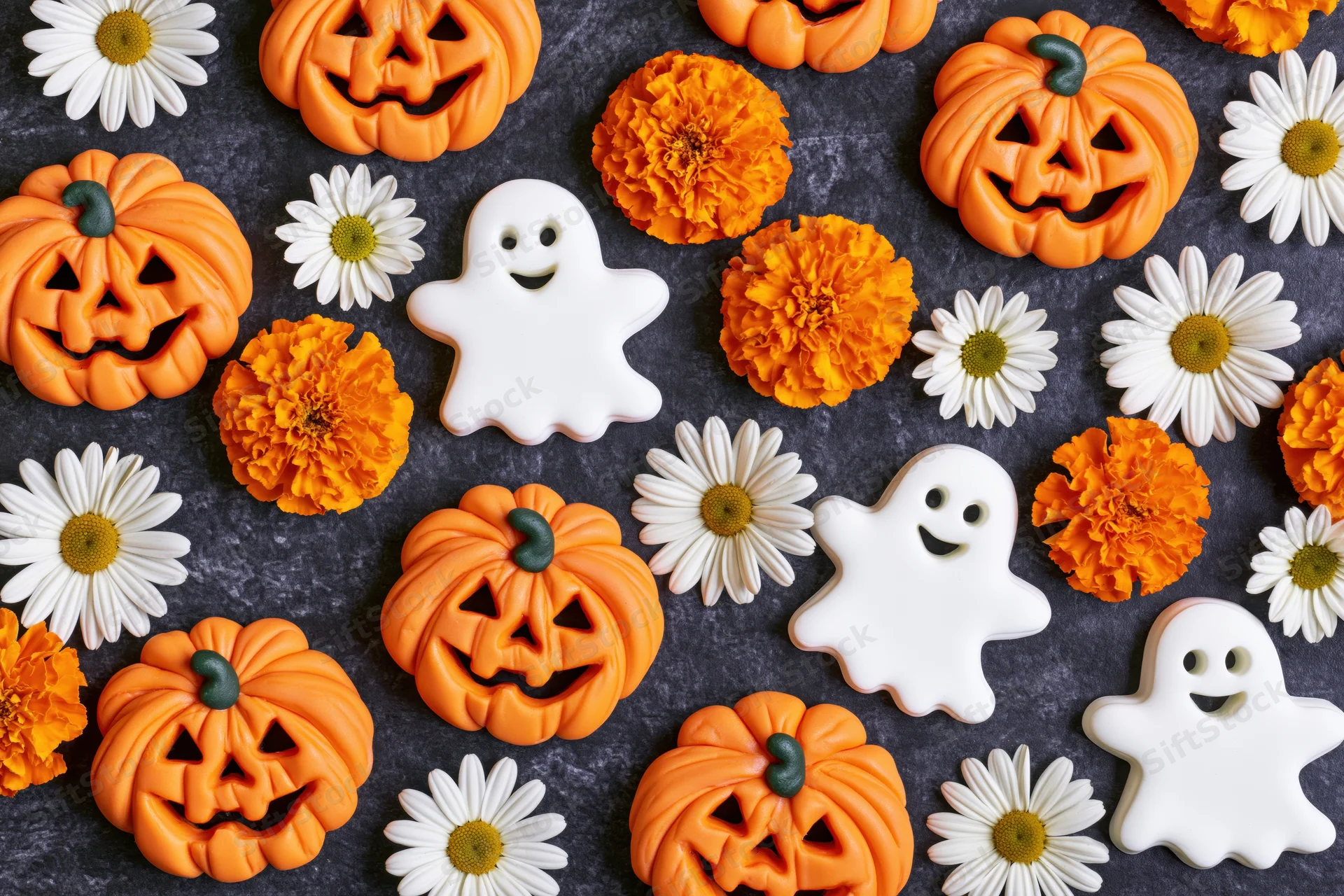 Halloween cookies shaped as jack-o-lanterns and ghosts arranged with marigolds and daisies on dark surface