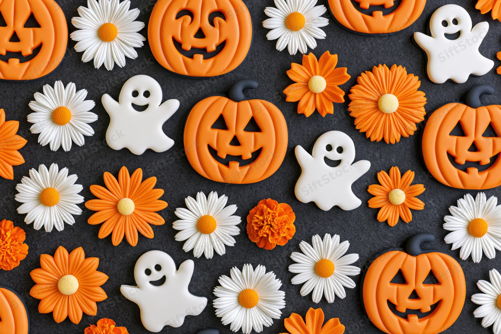 Carved jack-o-lanterns and white ghost figurines arranged in a flat lay on dark surface