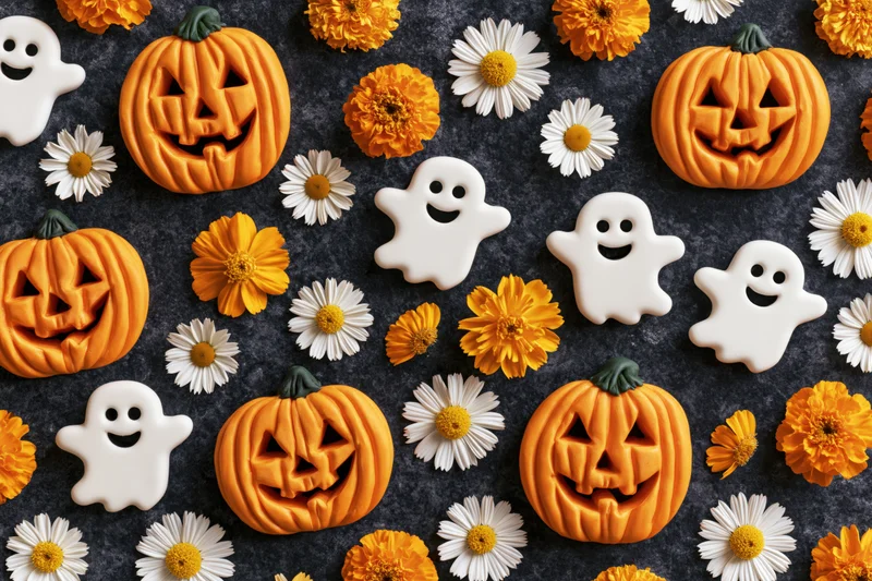 Carved jack-o-lantern and ghost cookies arranged with marigold and daisy flowers on dark surface