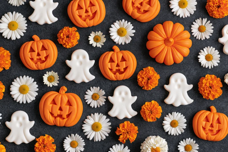 Carved jack-o-lanterns and white ghost figurines arranged with daisies and marigolds on dark surface
