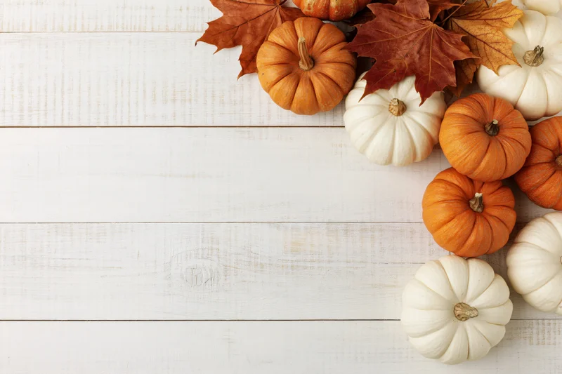 Small orange and white pumpkins with dried maple leaves arranged on a white wooden table in a flat lay composition
