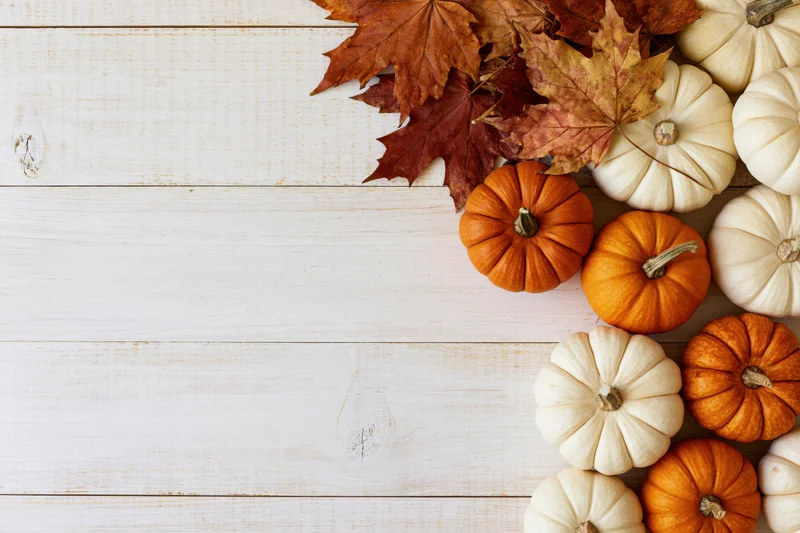 Small orange and white pumpkins with dried autumn leaves arranged on a white wooden surface