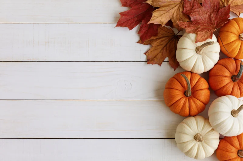 Small orange and white pumpkins with dried maple leaves arranged on a white wooden surface in a flat lay composition