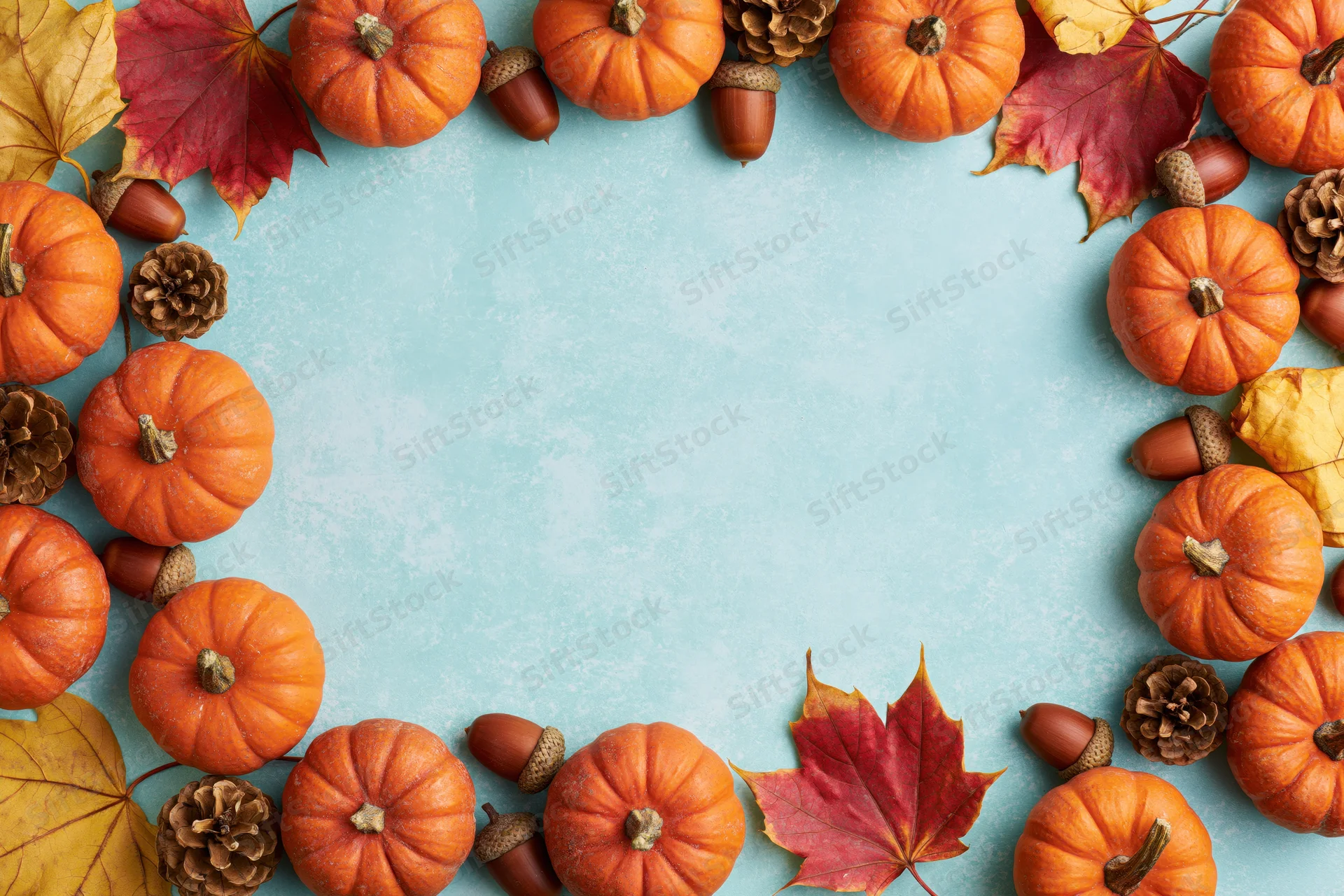 Small orange pumpkins and dried maple leaves arranged in a border around a light blue surface