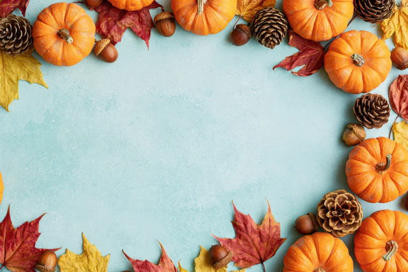 Small orange pumpkins and dried maple leaves arranged in a border around a blue surface