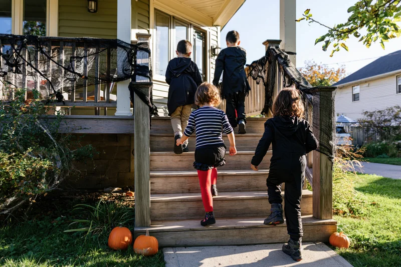 Four children in halloween costumes climbing wooden porch stairs outdoors