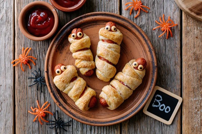 Mummy-shaped hot dogs wrapped in pastry on a wooden plate with halloween decorations and ketchup nearby