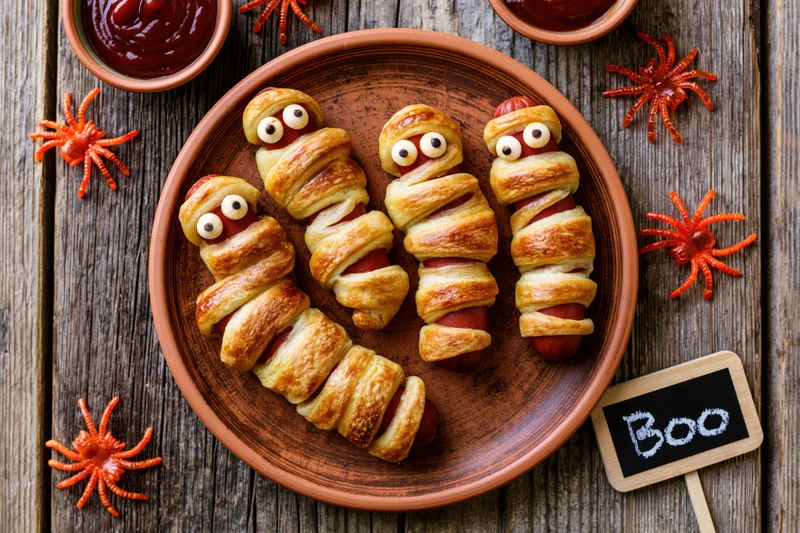 Mummy-shaped hot dogs wrapped in pastry on a wooden plate with halloween decorations