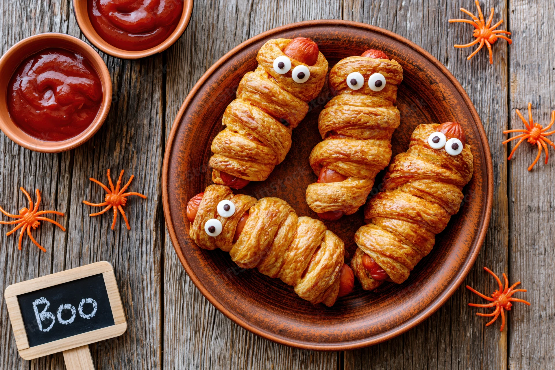 Mummy-shaped hot dogs wrapped in pastry on a plate with ketchup and spider decorations for halloween