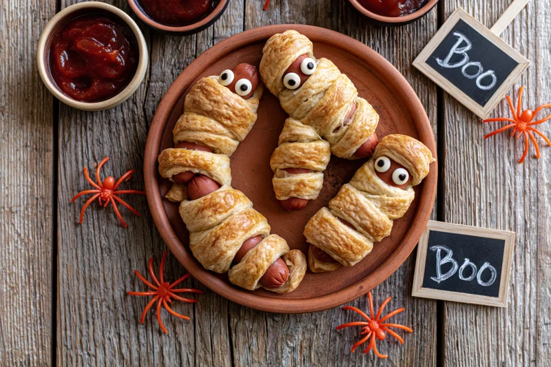 Mummy-shaped hot dogs wrapped in pastry on a terracotta plate with ketchup and Halloween decorations on a wooden table