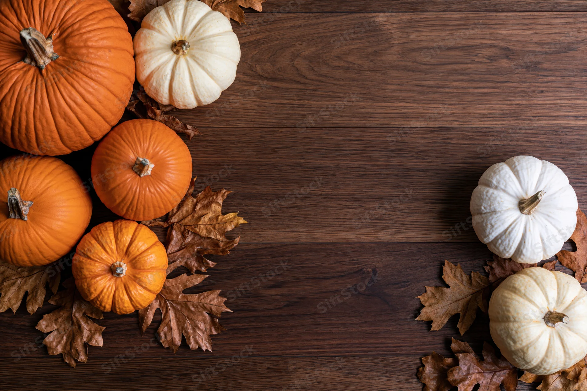 Pumpkins and autumn leaves arranged on a wooden table with copyspace