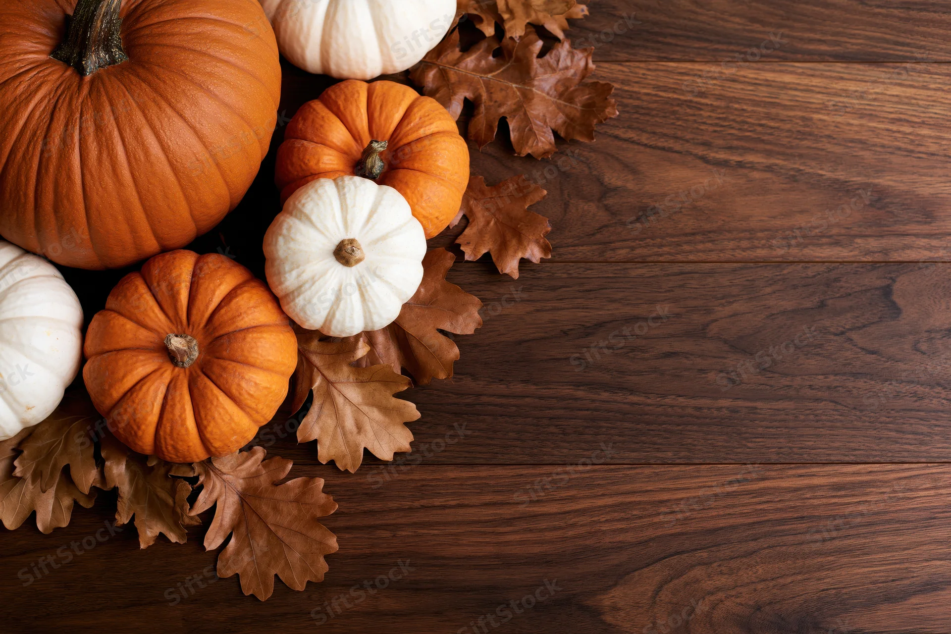 Pumpkins and dried oak leaves arranged in corner on dark wooden table