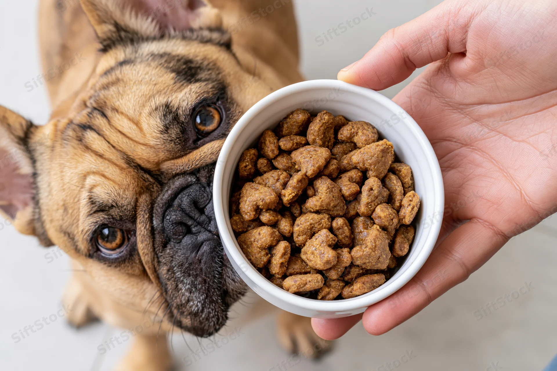 Frenchbulldog leaning nose into small white ceramic bowl of kibble held by hand indoors
