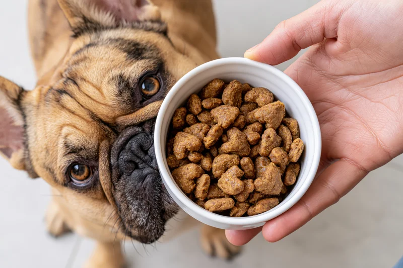 Frenchbulldog leaning nose into small white ceramic bowl of kibble held by hand indoors