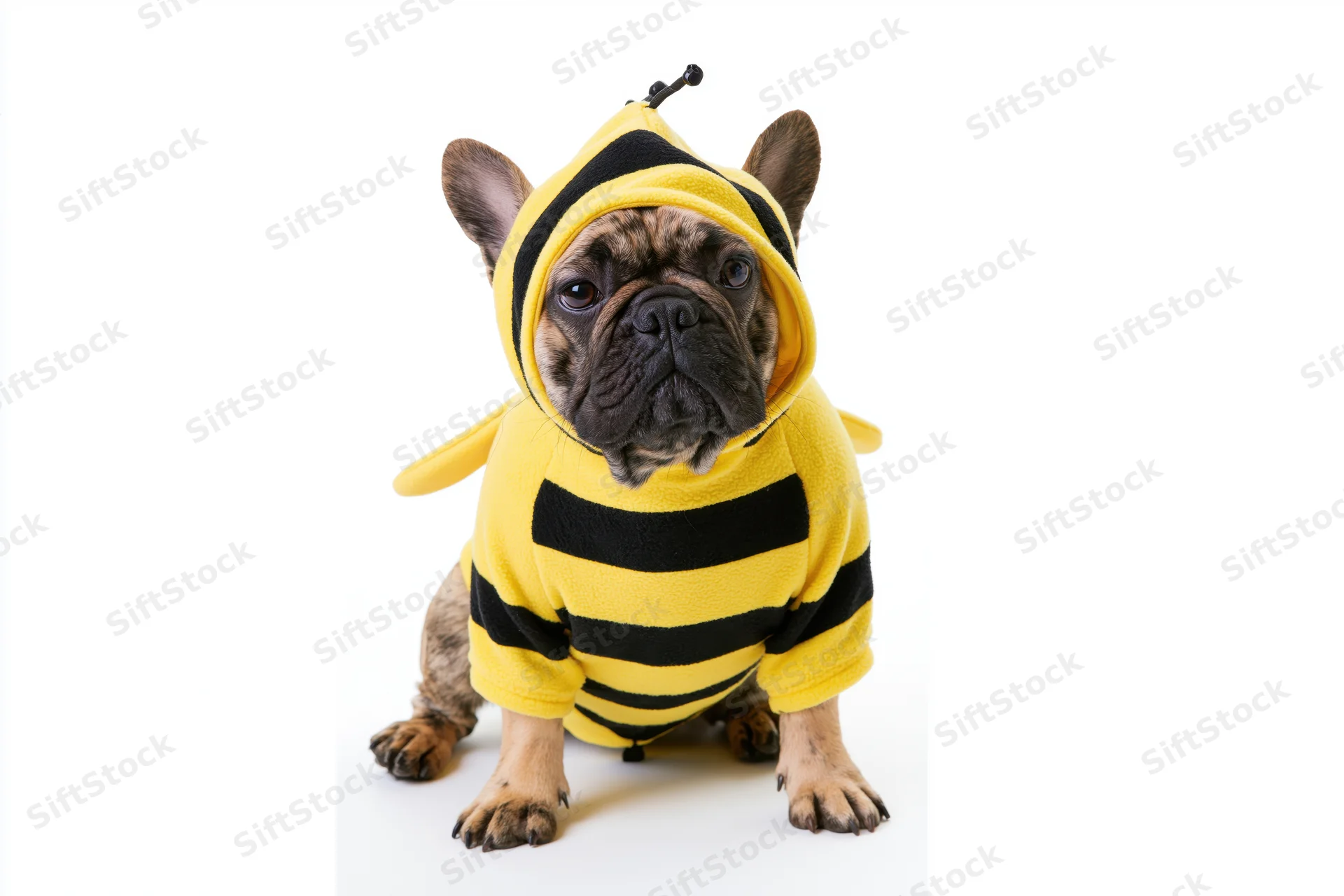 Frenchbulldog wearing bumblebee costume sitting upright on white background