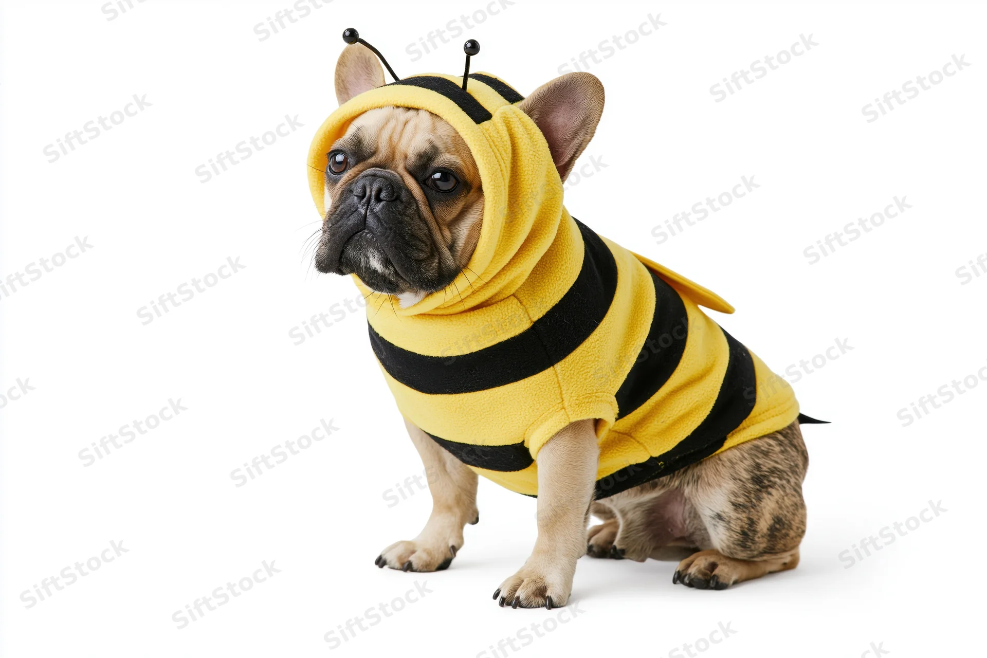 Frenchbulldog wearing bumblebee costume sitting upright on white background