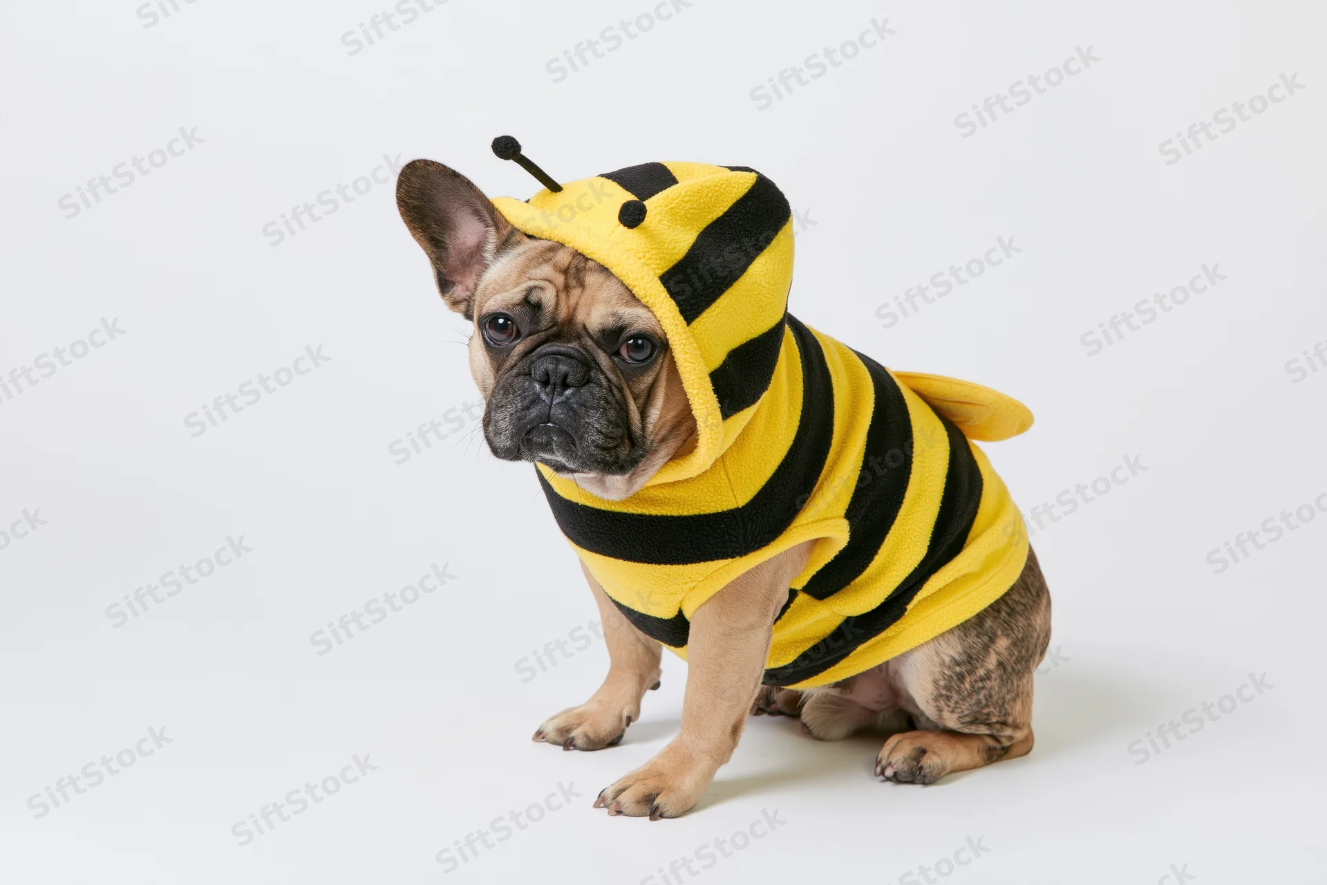 Frenchbulldog wearing bumblebee costume sitting upright on white background