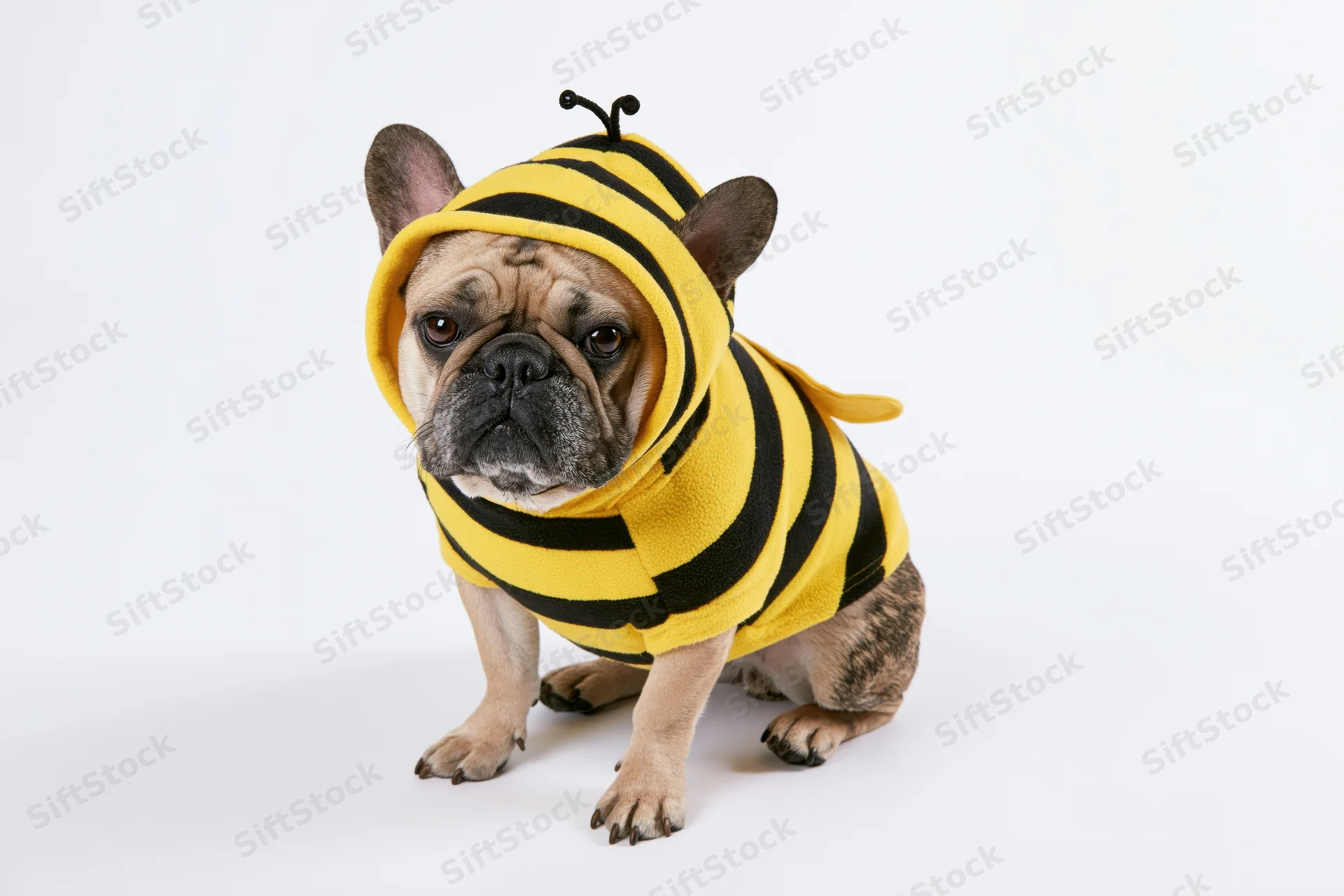 Frenchbulldog wearing bumblebee costume sitting upright on white background