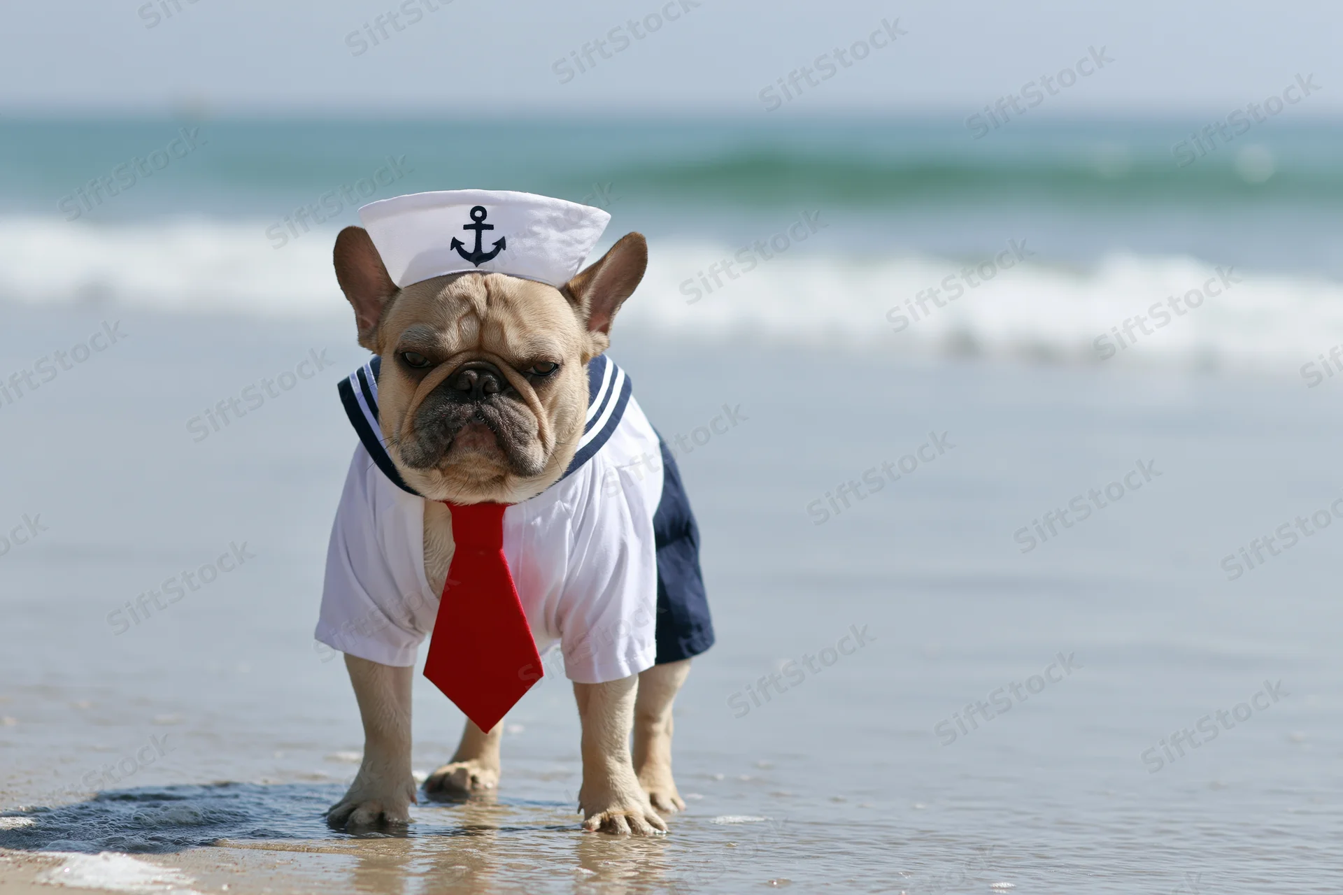 Frenchbulldog in sailor costume standing on beach near water
