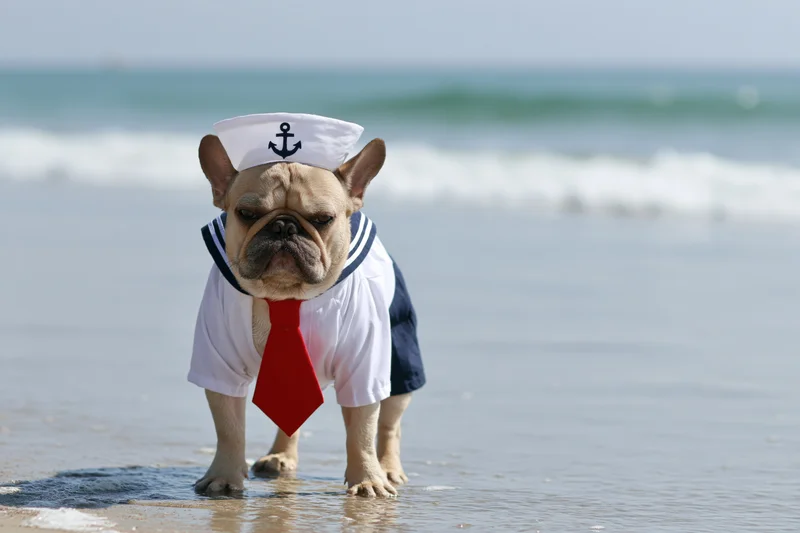 Frenchbulldog in sailor costume standing on beach near water