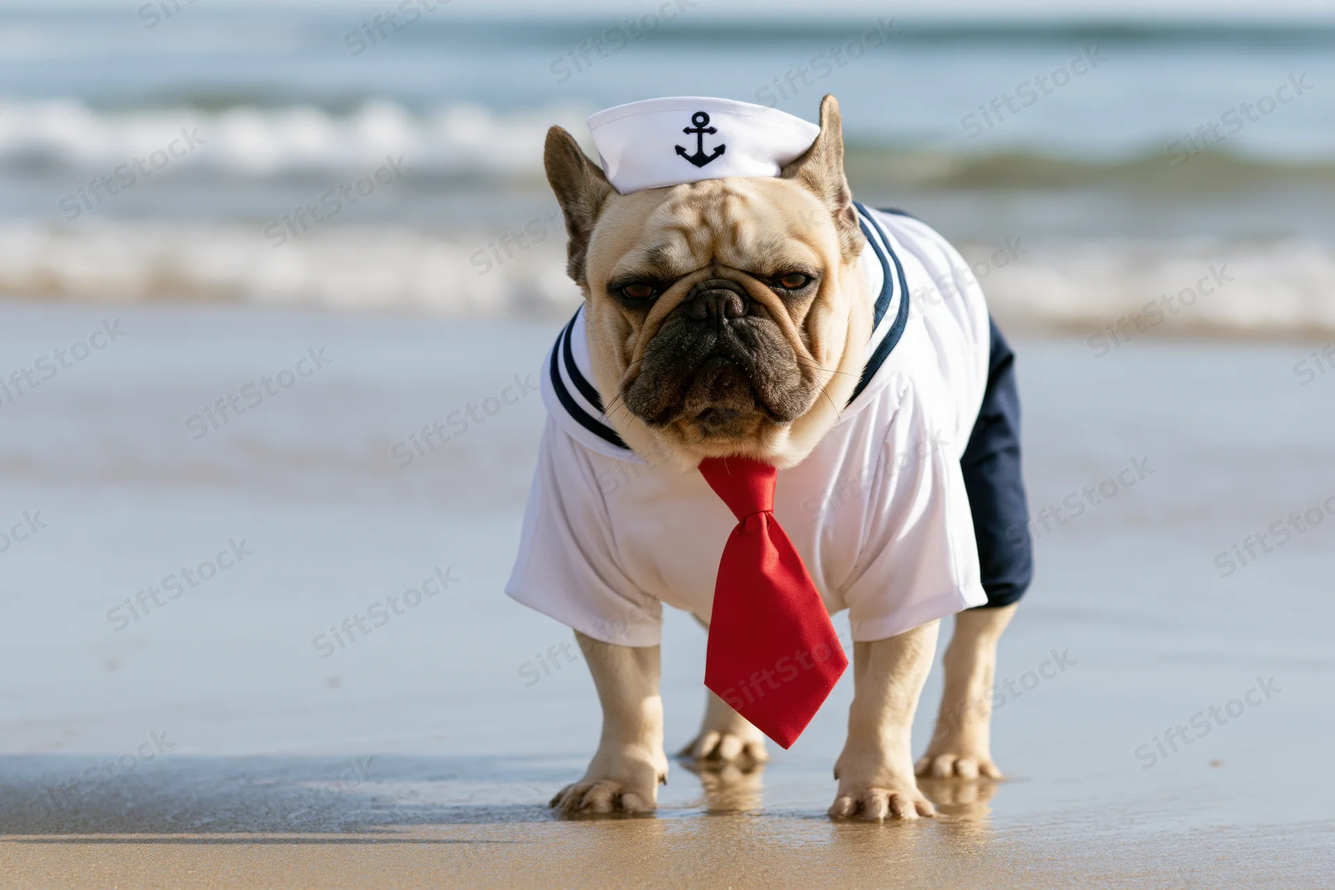Frenchbulldog in sailor costume standing on wet beach near ocean waves