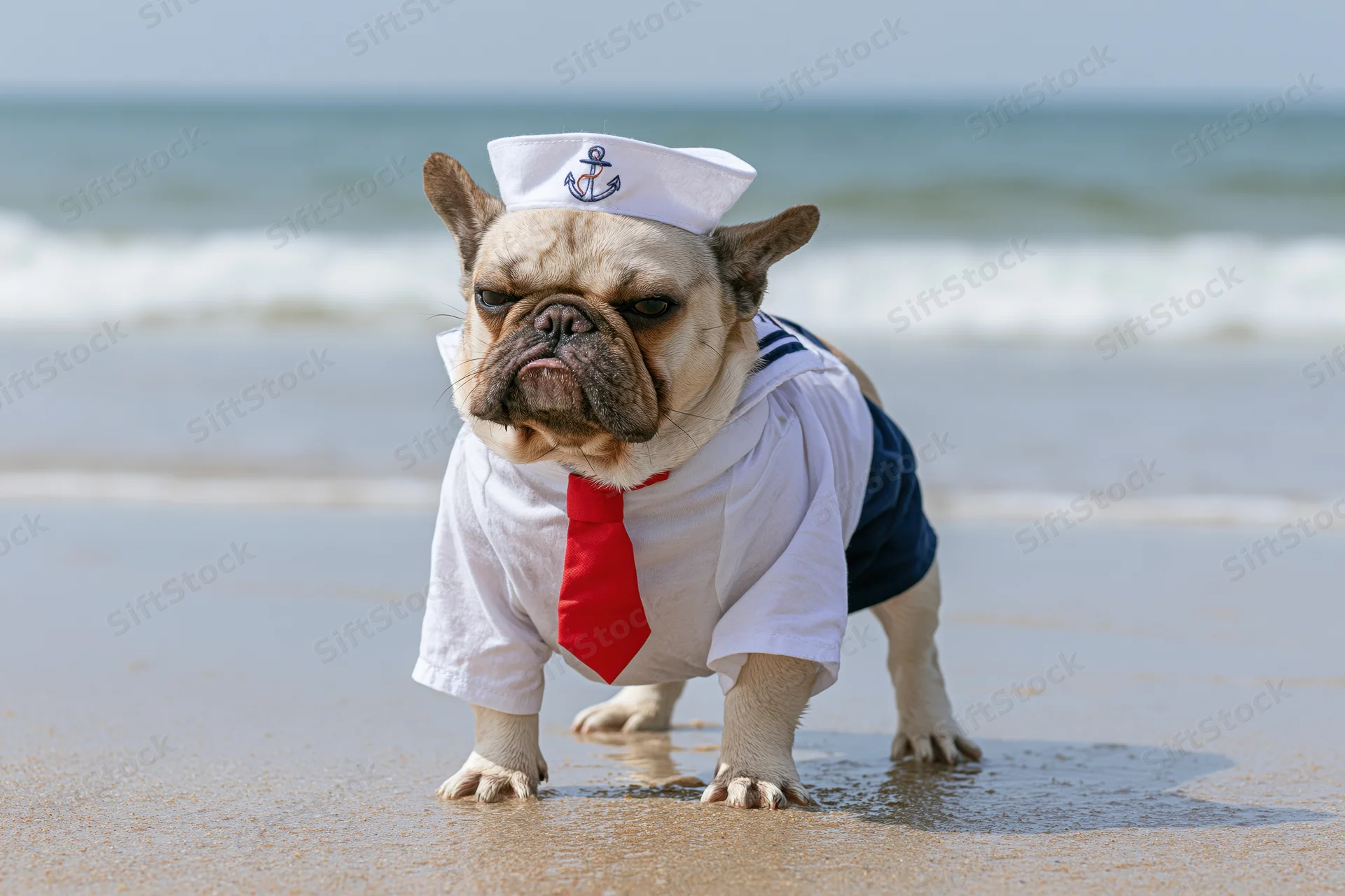 Frenchbulldog in sailor costume standing on wet sand at beach