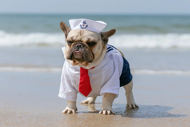 Frenchbulldog in sailor costume standing on wet sand at beach